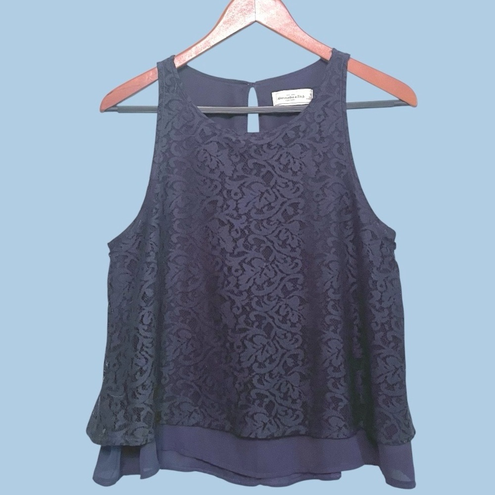 Abercrombie & Fitch Dark Blue Lace Tank Top Medium Sheer Layered Scoop Neck